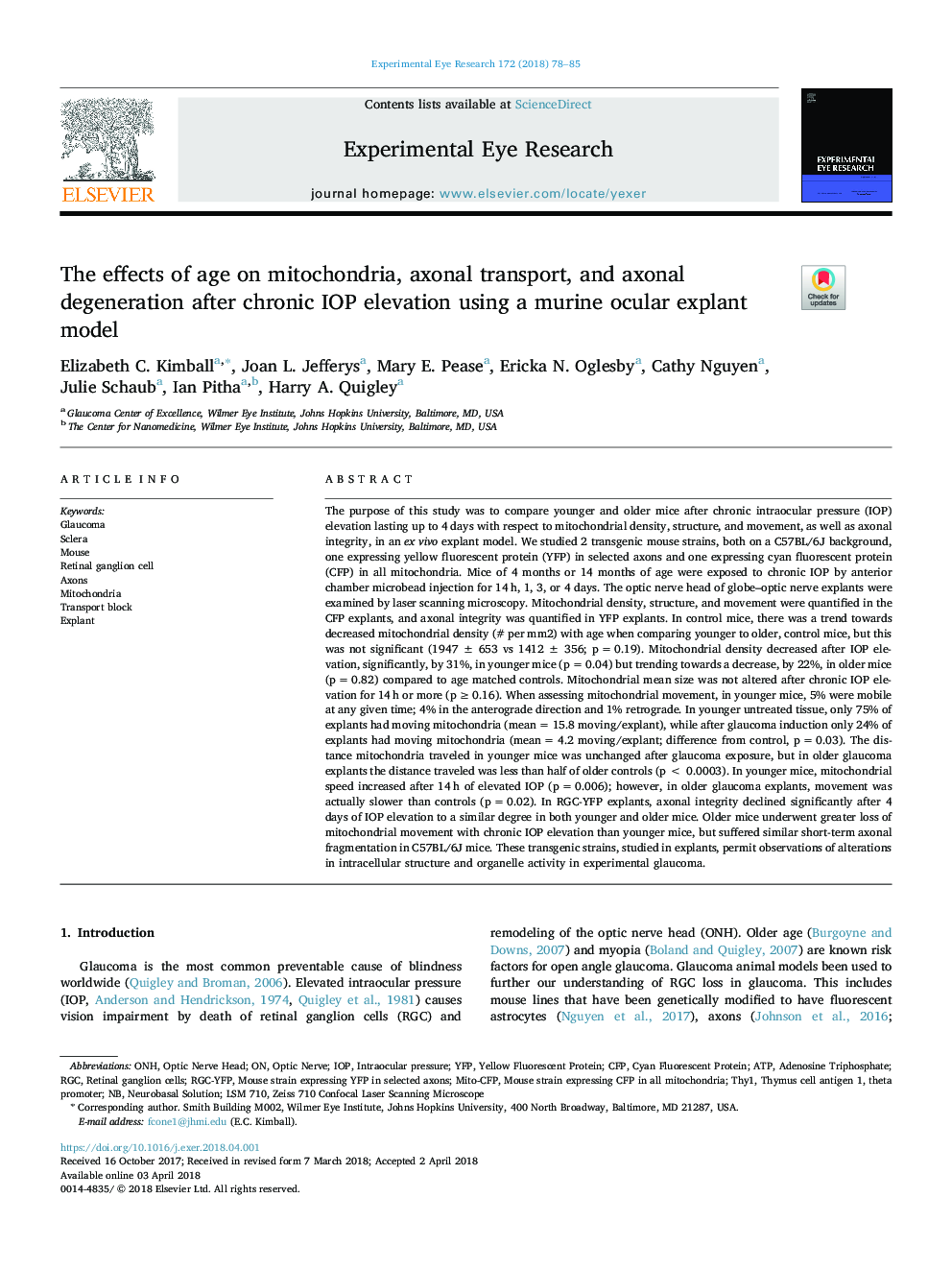 The effects of age on mitochondria, axonal transport, and axonal degeneration after chronic IOP elevation using a murine ocular explant model