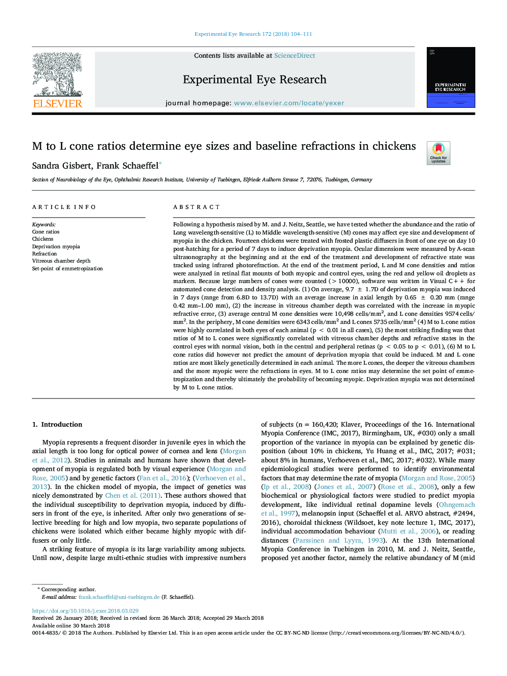 M to L cone ratios determine eye sizes and baseline refractions in chickens