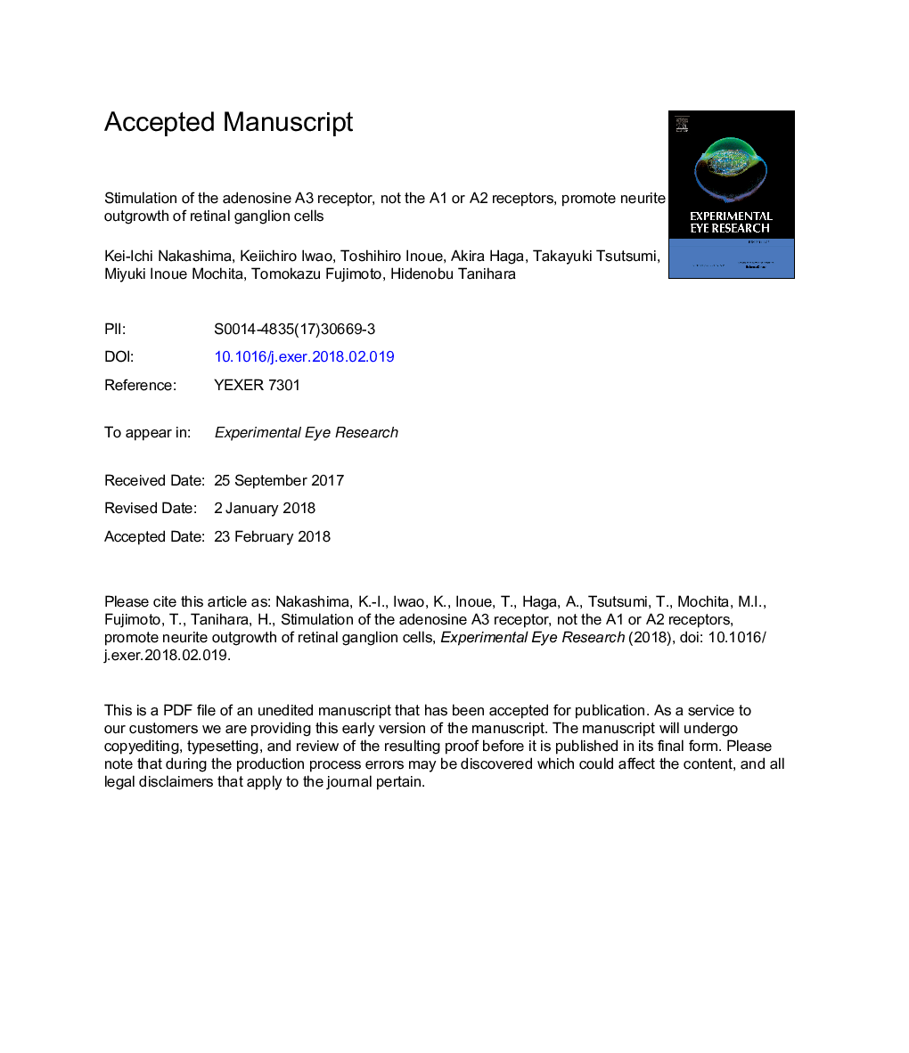 عکس صفحه اول مقاله: Stimulation of the adenosine A3 receptor, not the A1 or A2 receptors, promote neurite outgrowth of retinal ganglion cells Stimulation of the adenosine A3 receptor, not the A1 or A2 receptors, promote neurite outgrowth of retinal ganglion cells