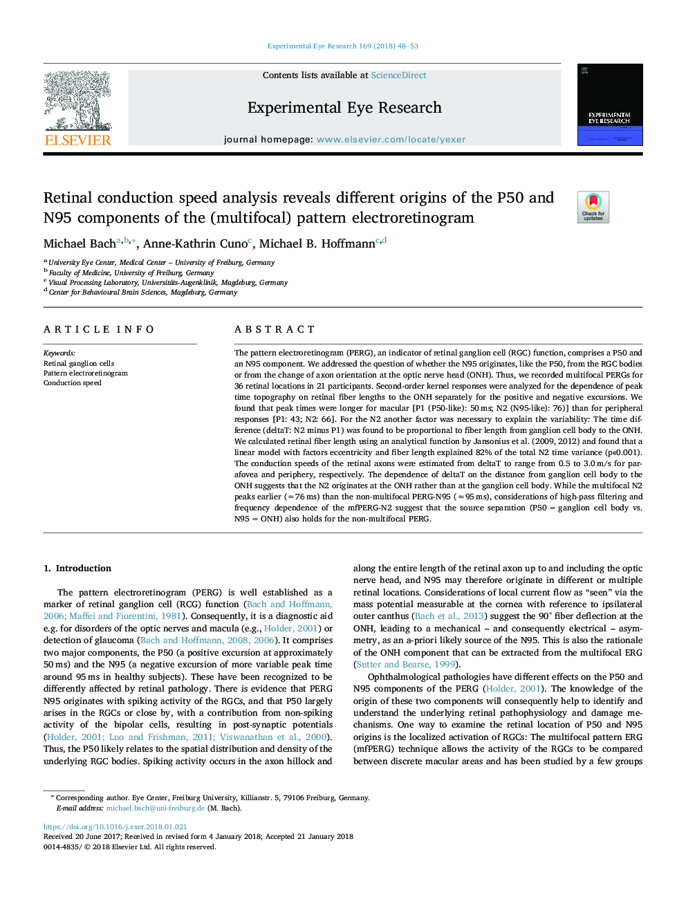 Retinal conduction speed analysis reveals different origins of the P50 and N95 components of the (multifocal) pattern electroretinogram