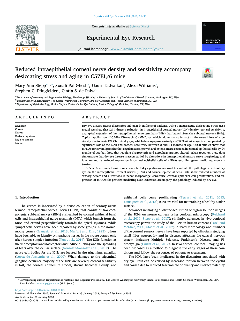 Reduced intraepithelial corneal nerve density and sensitivity accompany desiccating stress and aging in C57BL/6 mice