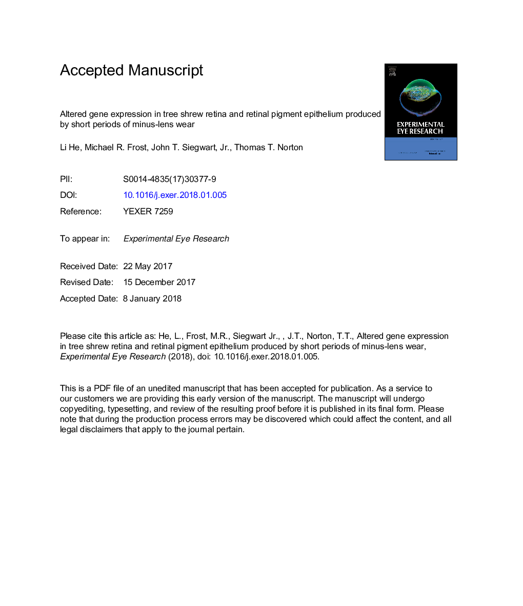 Altered gene expression in tree shrew retina and retinal pigment epithelium produced by short periods of minus-lens wear