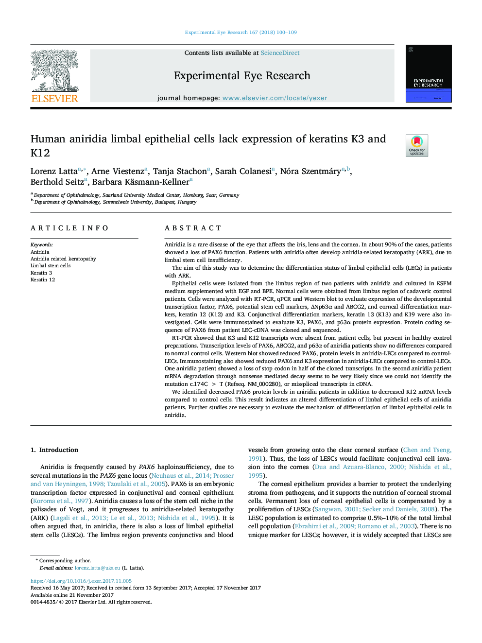 Human aniridia limbal epithelial cells lack expression of keratins K3 and K12