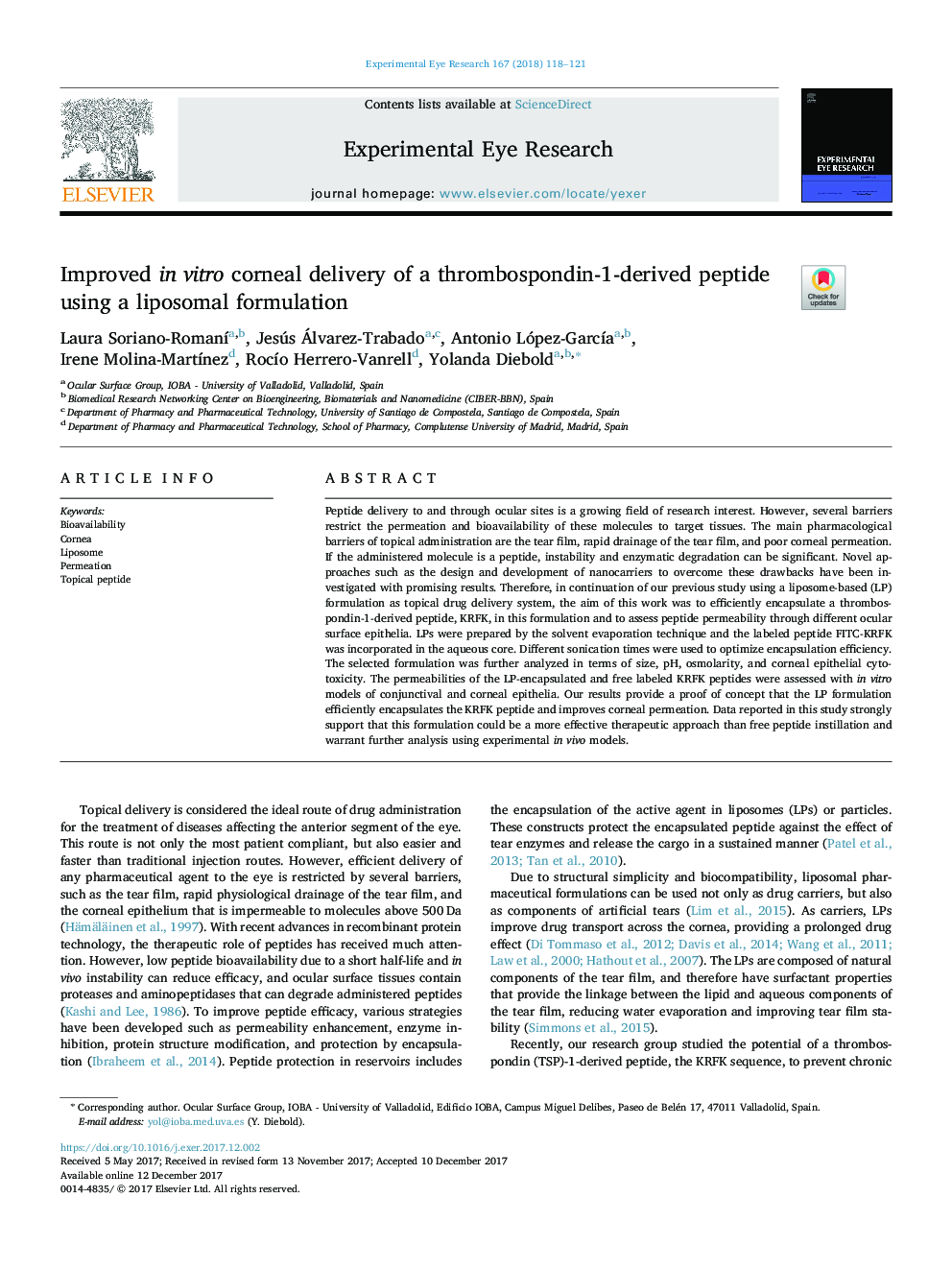 Improved in vitro corneal delivery of a thrombospondin-1-derived peptide using a liposomal formulation