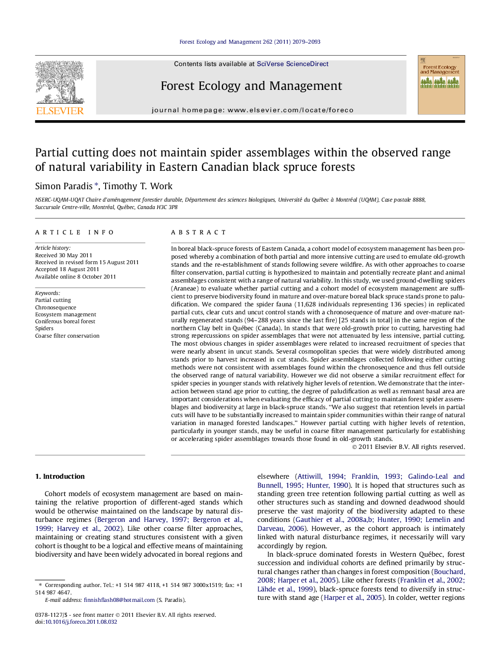 Partial cutting does not maintain spider assemblages within the observed range of natural variability in Eastern Canadian black spruce forests