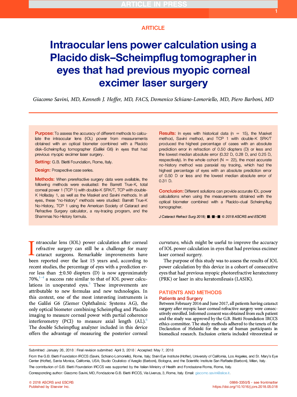 Intraocular lens power calculation using a Placido disk-Scheimpflug tomographer in eyes that had previous myopic corneal excimer laser surgery