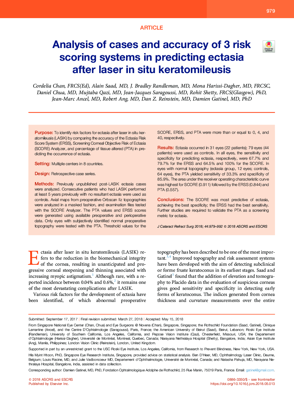 Analysis of cases and accuracy of 3 risk scoring systems in predicting ectasia after laser inÂ situ keratomileusis
