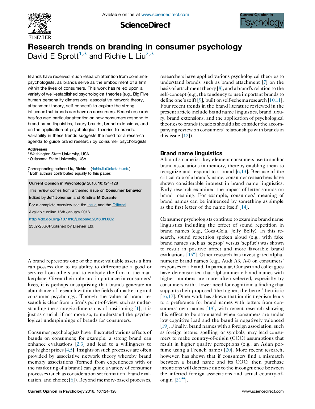 Research trends on branding in consumer psychology