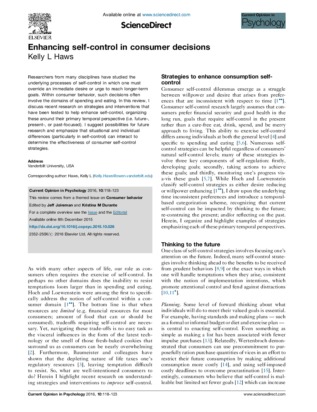 Enhancing self-control in consumer decisions