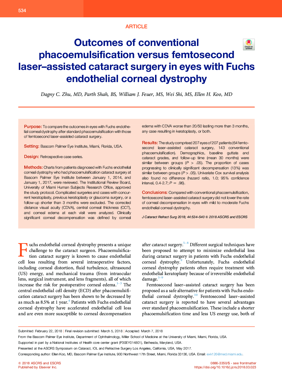 Outcomes of conventional phacoemulsification versus femtosecond laser-assisted cataract surgery in eyes with Fuchs endothelial corneal dystrophy