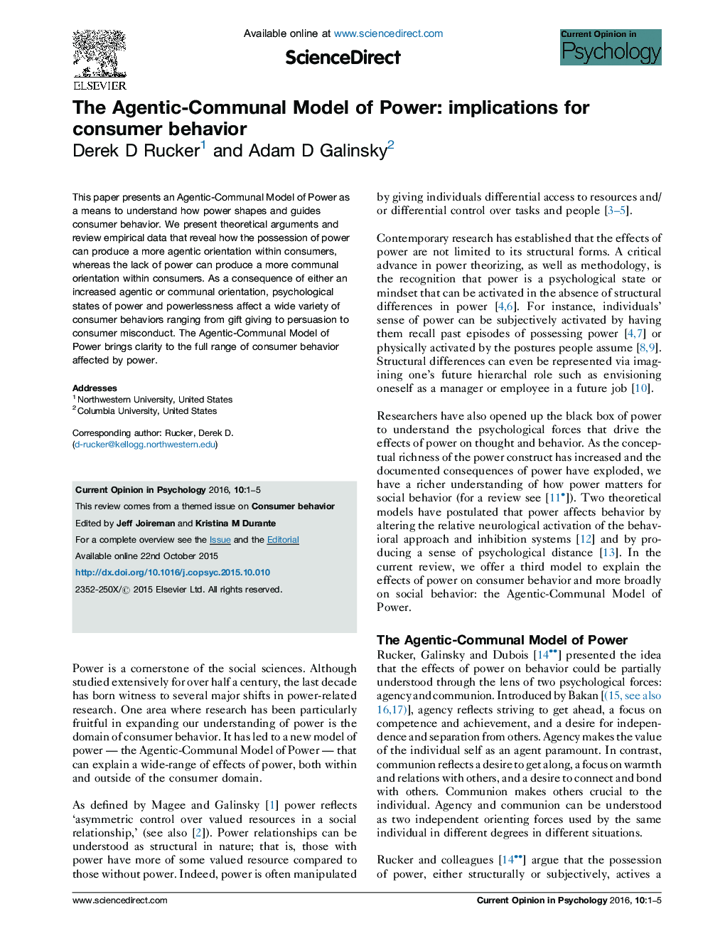 The Agentic-Communal Model of Power: implications for consumer behavior
