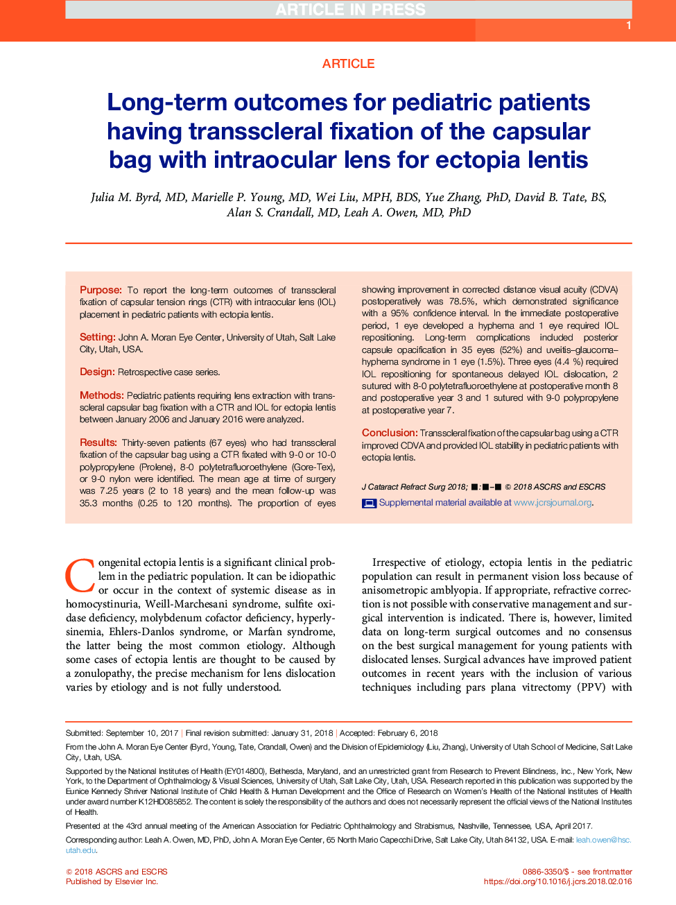 Long-term outcomes for pediatric patients having transscleral fixation of the capsular bag with intraocular lens for ectopia lentis
