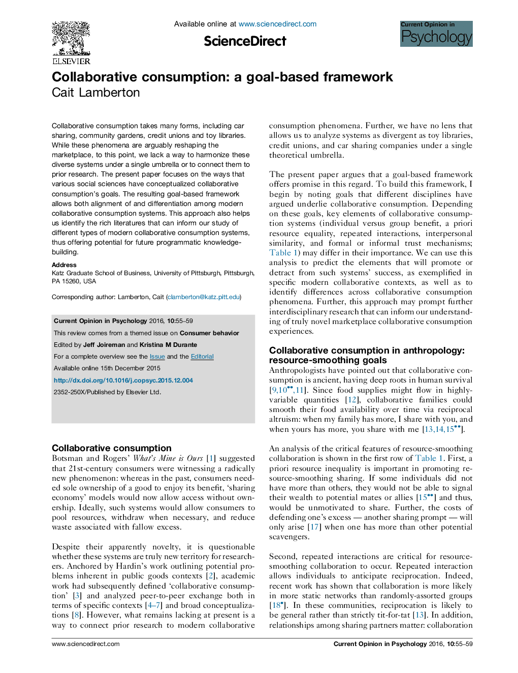 Collaborative consumption: a goal-based framework