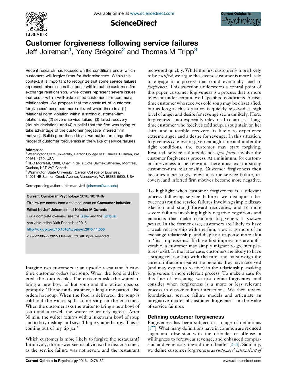 Customer forgiveness following service failures