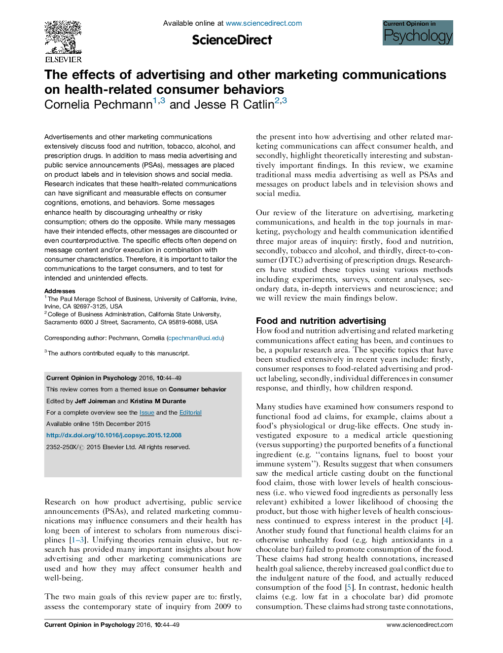 The effects of advertising and other marketing communications on health-related consumer behaviors