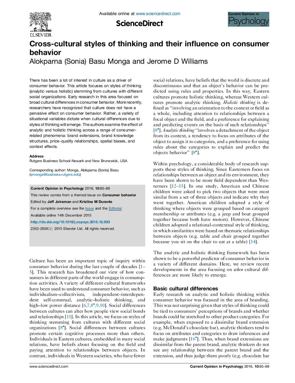 Cross-cultural styles of thinking and their influence on consumer behavior