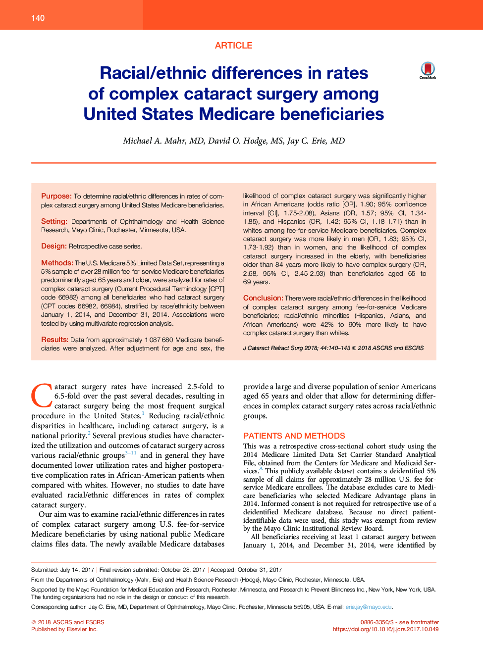Racial/ethnic differences in rates of complex cataract surgery among United States Medicare beneficiaries