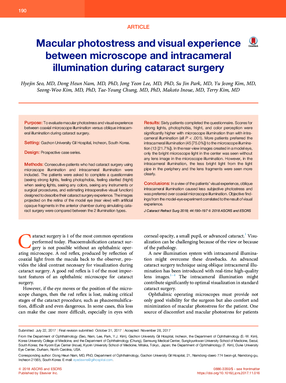 Macular photostress and visual experience between microscope and intracameral illumination during cataract surgery