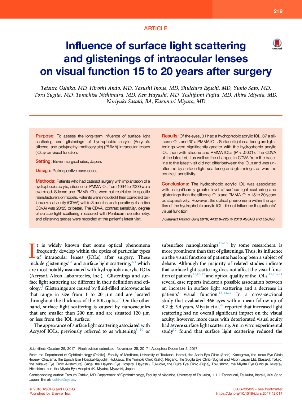 Influence of surface light scattering andÂ glistenings of intraocular lenses onÂ visual function 15 to 20Â years after surgery
