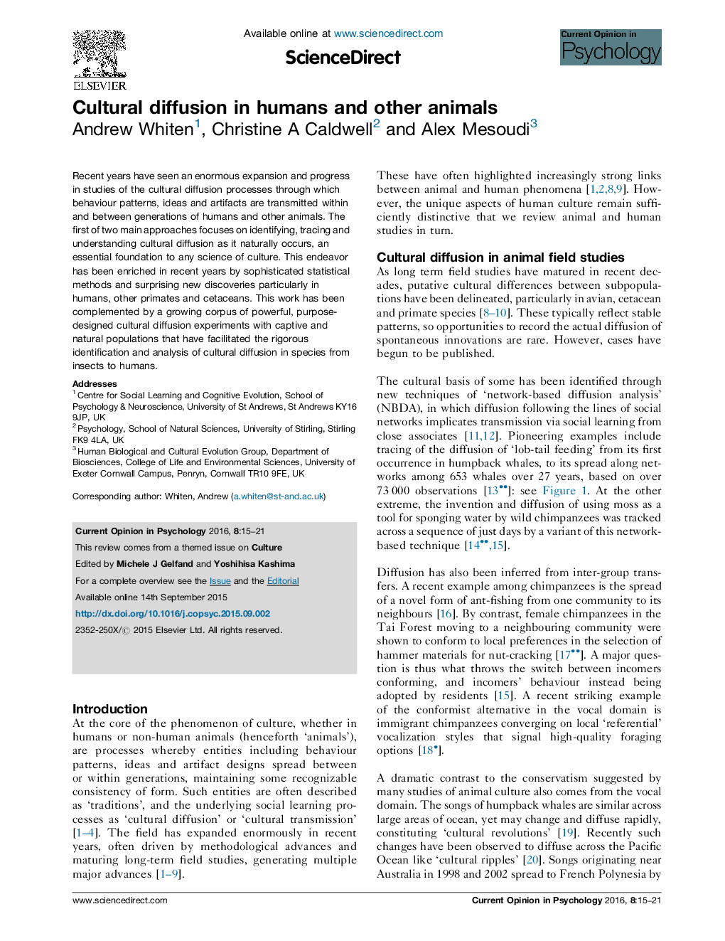 Cultural diffusion in humans and other animals