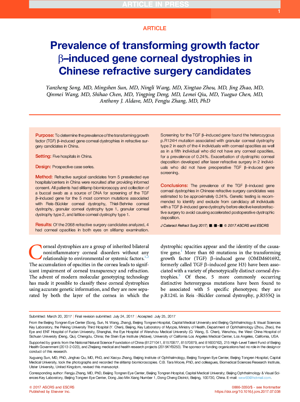 Prevalence of transforming growth factor Î²-induced gene corneal dystrophies in Chinese refractive surgery candidates