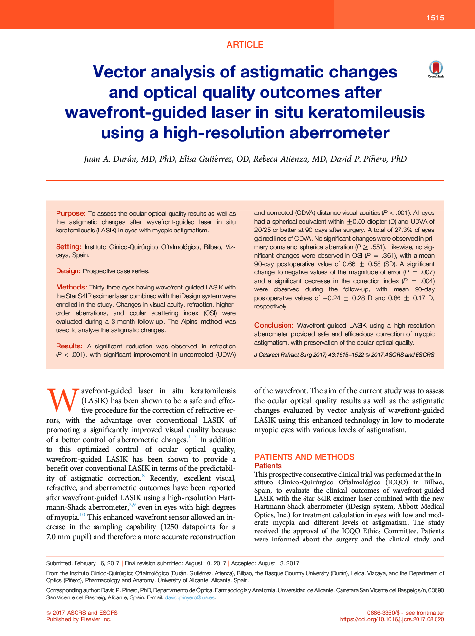 Vector analysis of astigmatic changes and optical quality outcomes after wavefront-guided laser inÂ situ keratomileusis using a high-resolution aberrometer