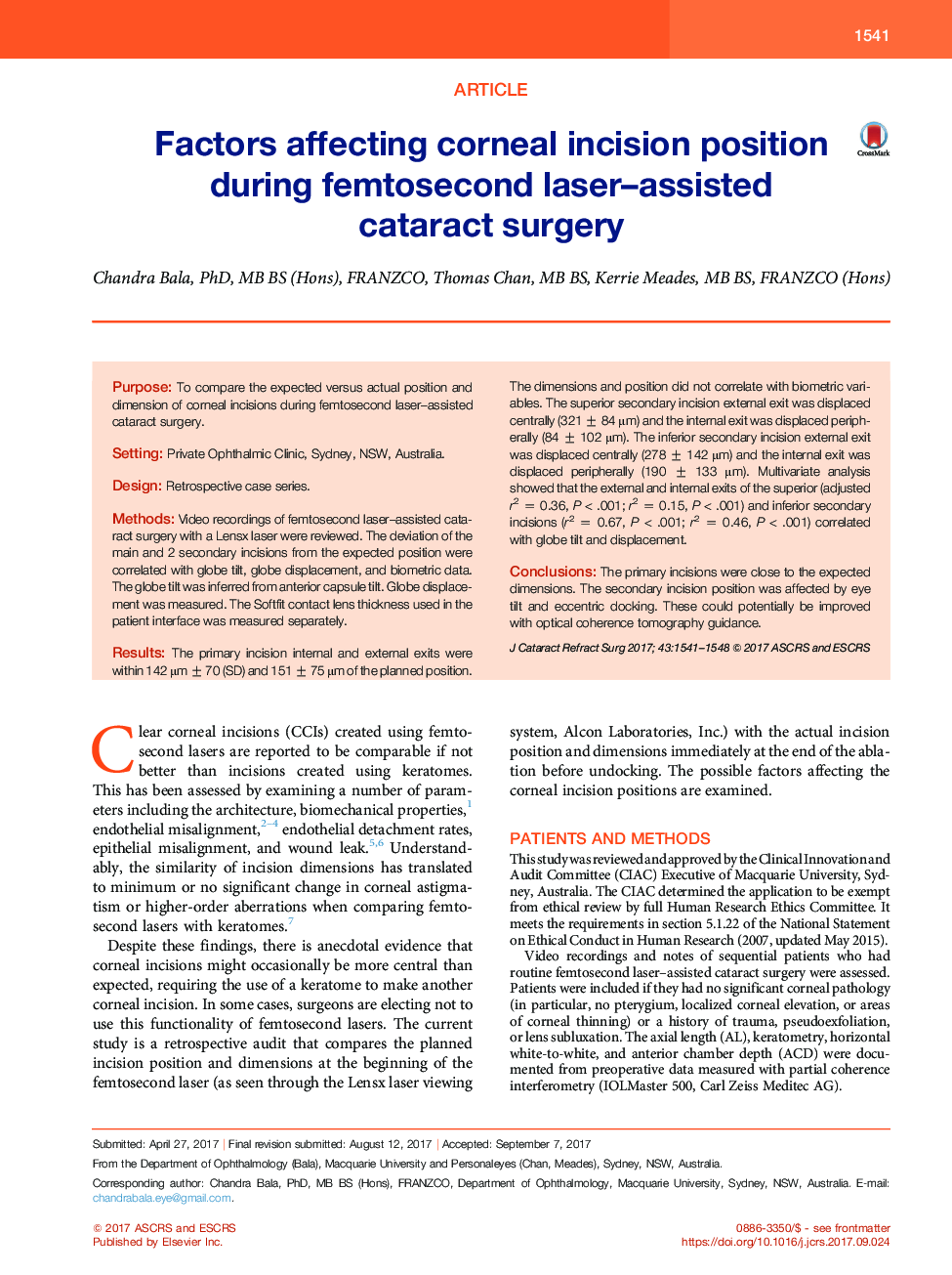 Factors affecting corneal incision position during femtosecond laser-assisted cataract surgery