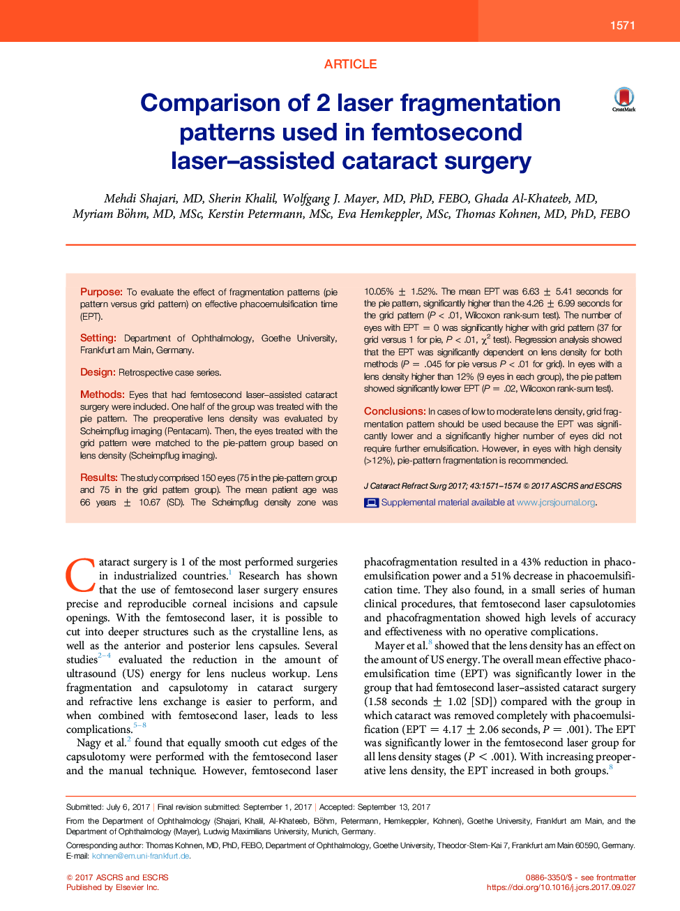 Comparison of 2 laser fragmentation patterns used in femtosecond laser-assisted cataract surgery
