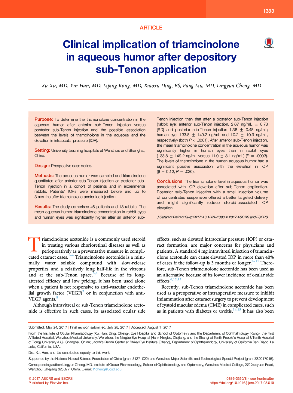 Clinical implication of triamcinolone inÂ aqueous humor after depository sub-Tenon application