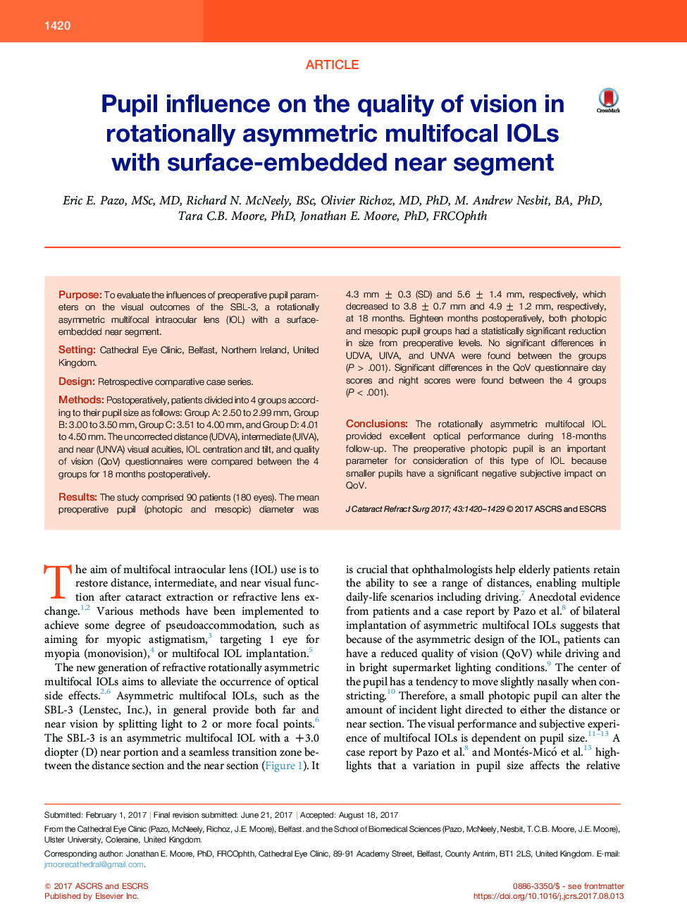 Pupil influence on the quality of vision in rotationally asymmetric multifocal IOLs with surface-embedded near segment