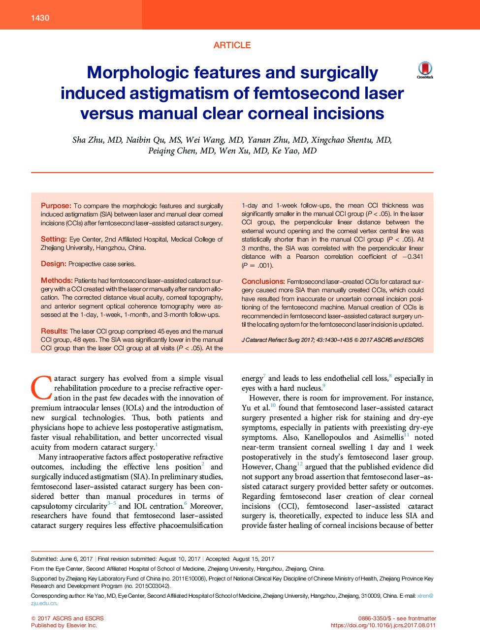 Morphologic features and surgically induced astigmatism of femtosecond laser versus manual clear corneal incisions