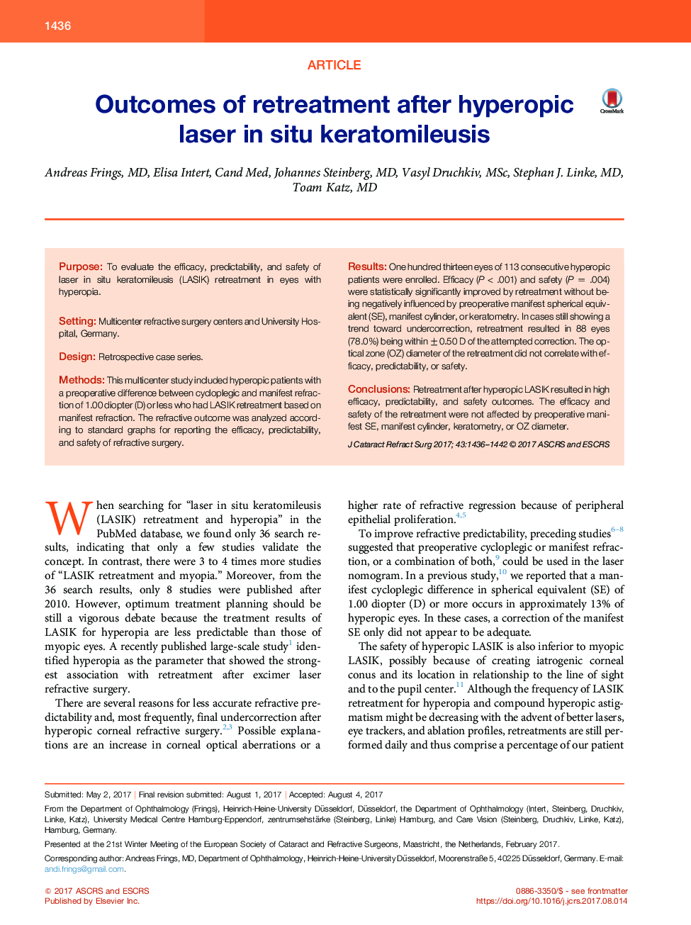 Outcomes of retreatment after hyperopic laser inÂ situ keratomileusis