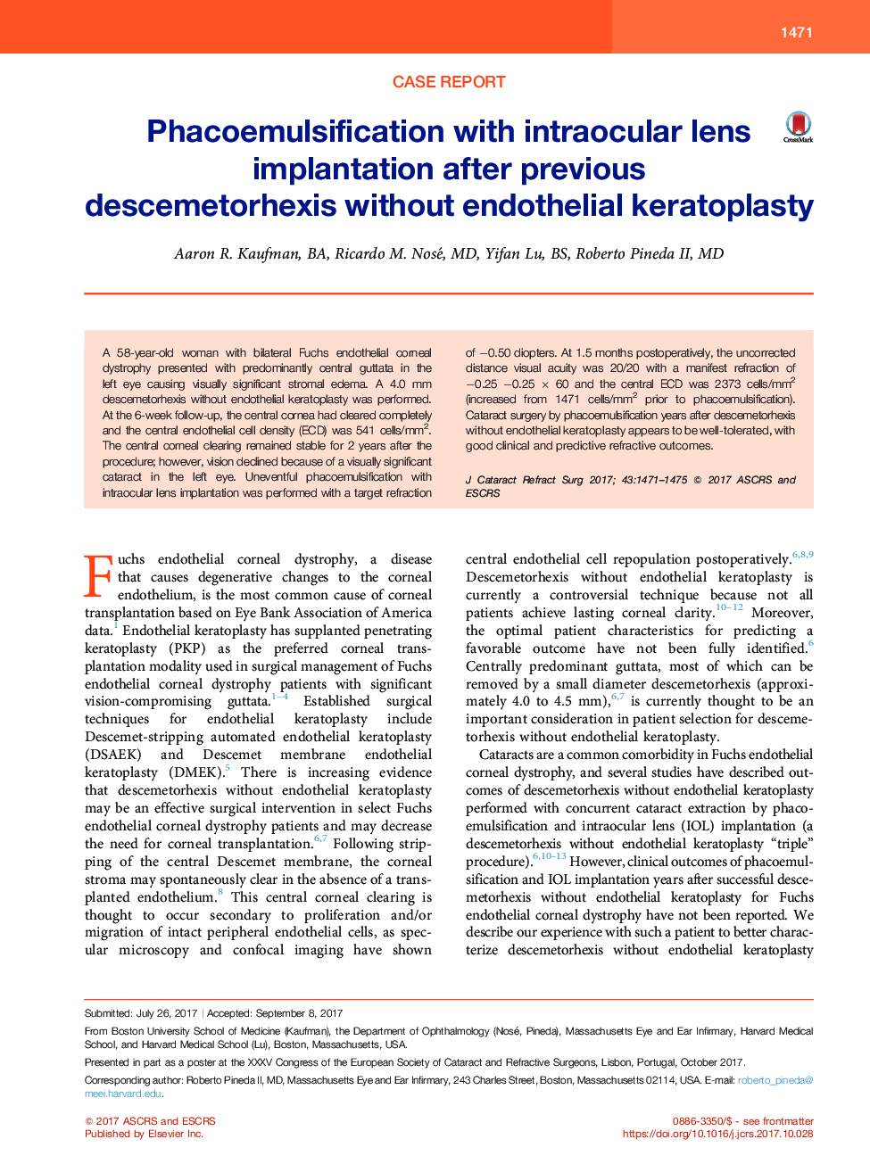 Phacoemulsification with intraocular lens implantation after previous descemetorhexis without endothelial keratoplasty