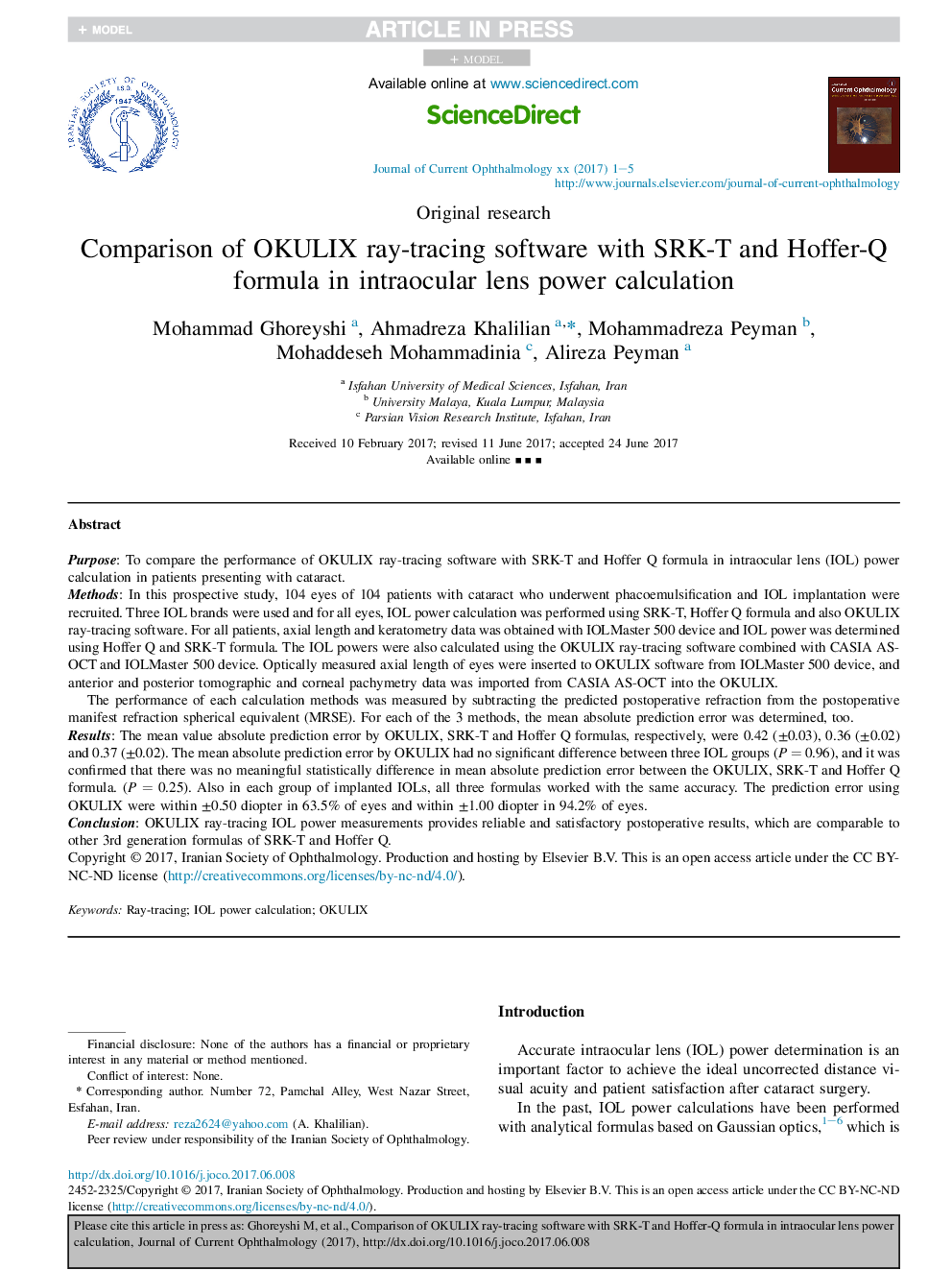 Comparison of OKULIX ray-tracing software with SRK-T and Hoffer-Q formula in intraocular lens power calculation