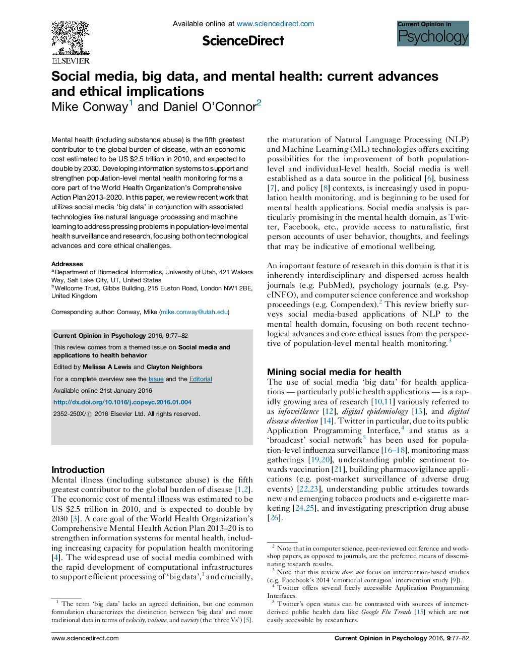 Social media, big data, and mental health: current advances and ethical implications