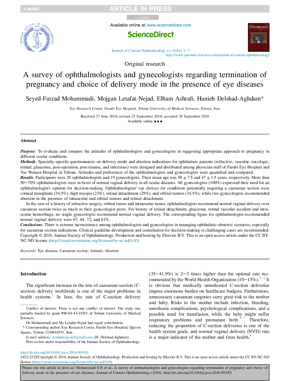 A survey of ophthalmologists and gynecologists regarding termination of pregnancy and choice of delivery mode in the presence of eye diseases