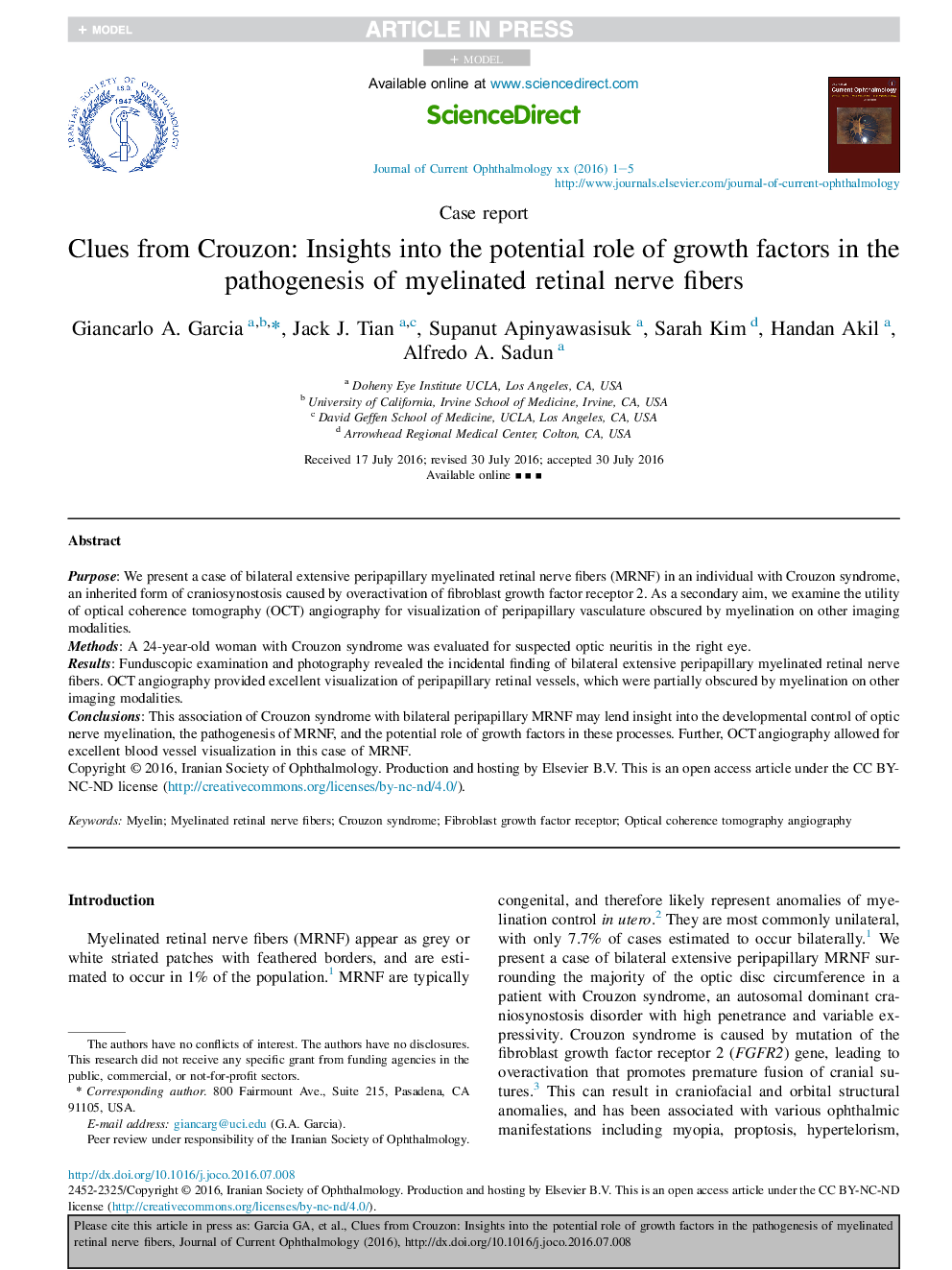 Clues from Crouzon: Insights into the potential role of growth factors in the pathogenesis of myelinated retinal nerve fibers