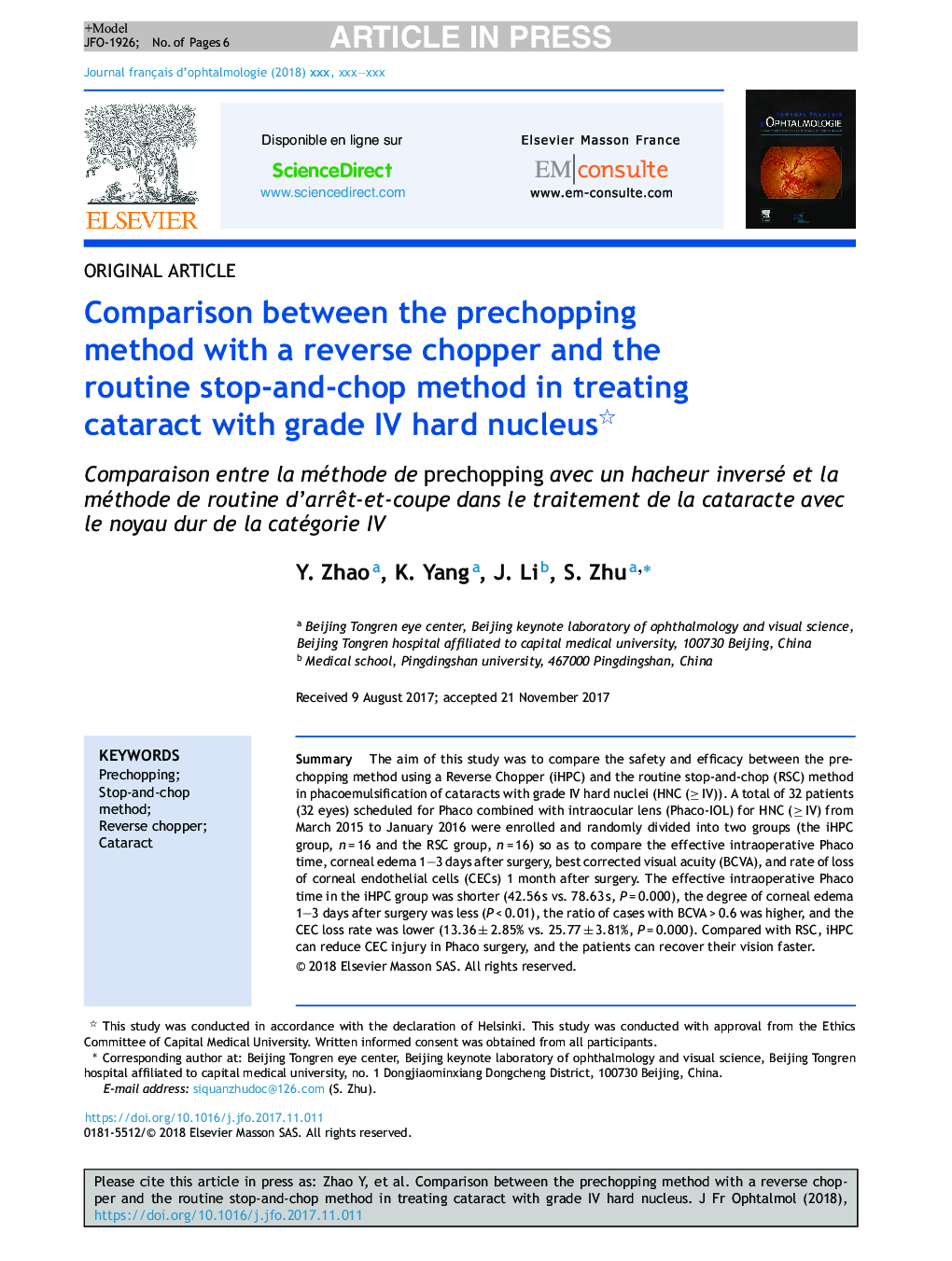 Comparison between the prechopping method with a reverse chopper and the routine stop-and-chop method in treating cataract with grade IV hard nucleus