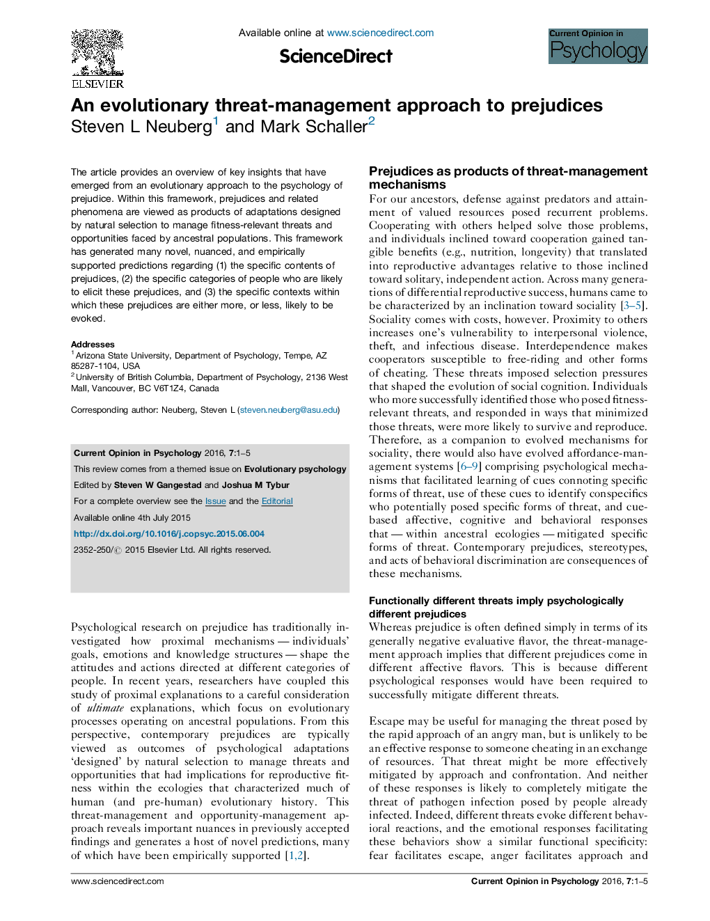 An evolutionary threat-management approach to prejudices