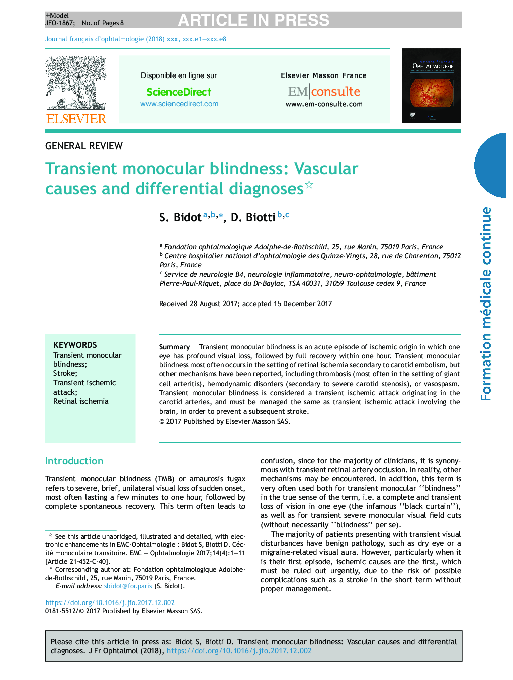 Transient monocular blindness: Vascular causes and differential diagnoses