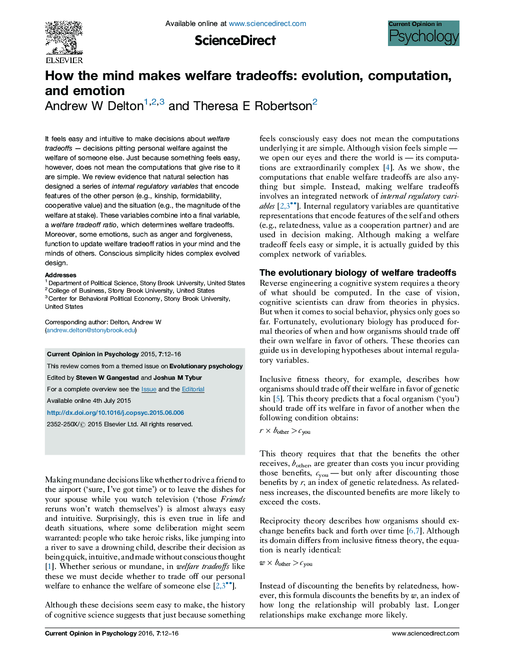 How the mind makes welfare tradeoffs: evolution, computation, and emotion