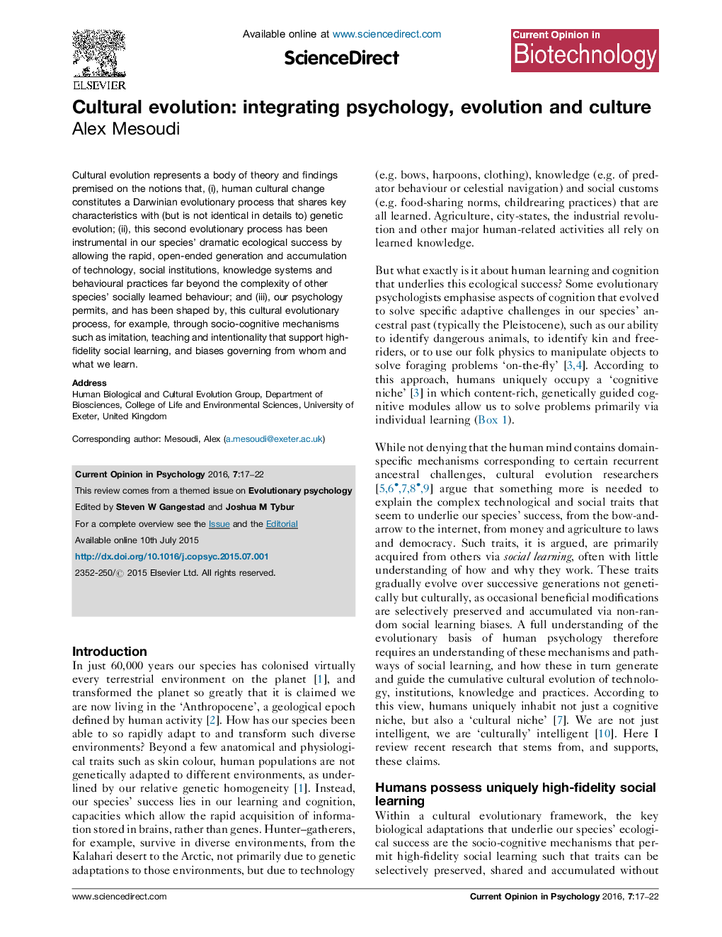 Cultural evolution: integrating psychology, evolution and culture