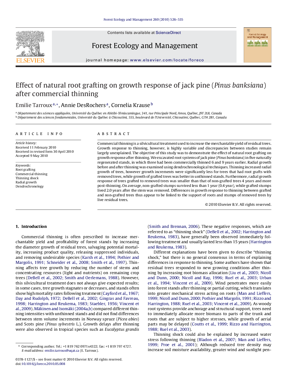 Effect of natural root grafting on growth response of jack pine (Pinus banksiana) after commercial thinning