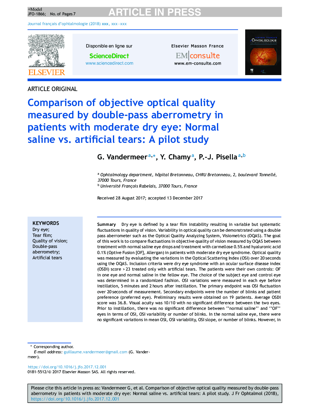 Comparison of objective optical quality measured by double-pass aberrometry in patients with moderate dry eye: Normal saline vs. artificial tears: A pilot study