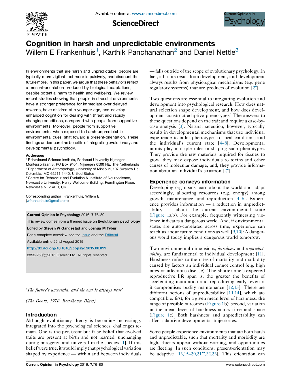 Cognition in harsh and unpredictable environments