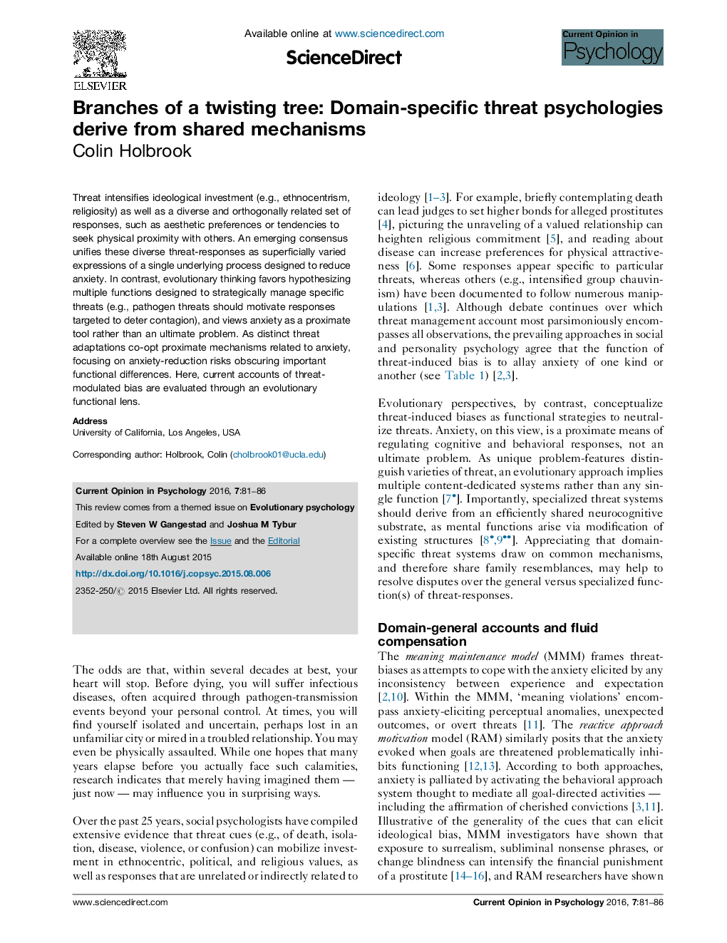 Branches of a twisting tree: Domain-specific threat psychologies derive from shared mechanisms