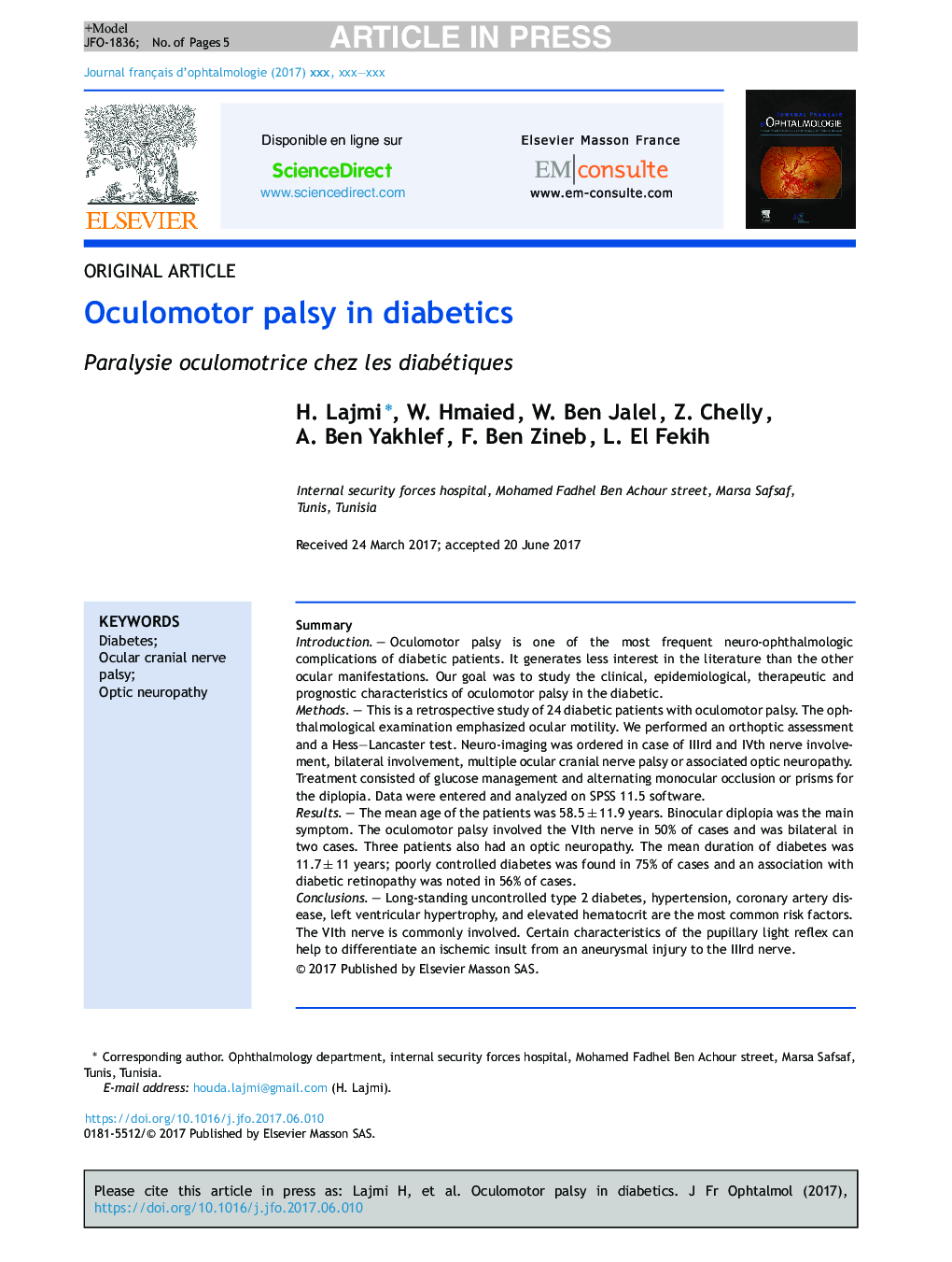 Oculomotor palsy in diabetics