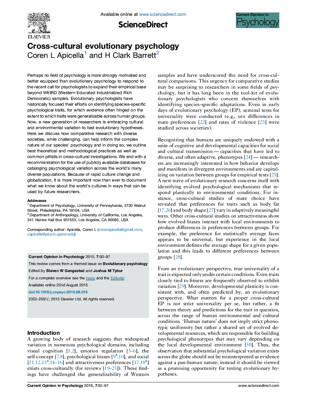 Cross-cultural evolutionary psychology