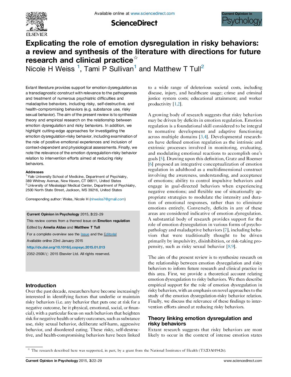 Explicating the role of emotion dysregulation in risky behaviors: a review and synthesis of the literature with directions for future research and clinical practice 