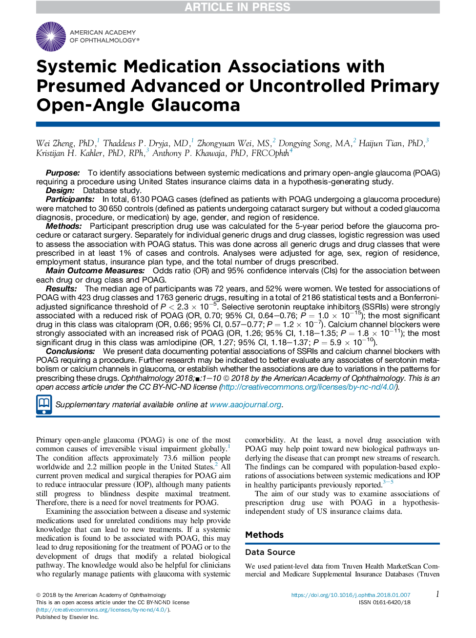 Systemic Medication Associations with Presumed Advanced or Uncontrolled Primary Open-Angle Glaucoma